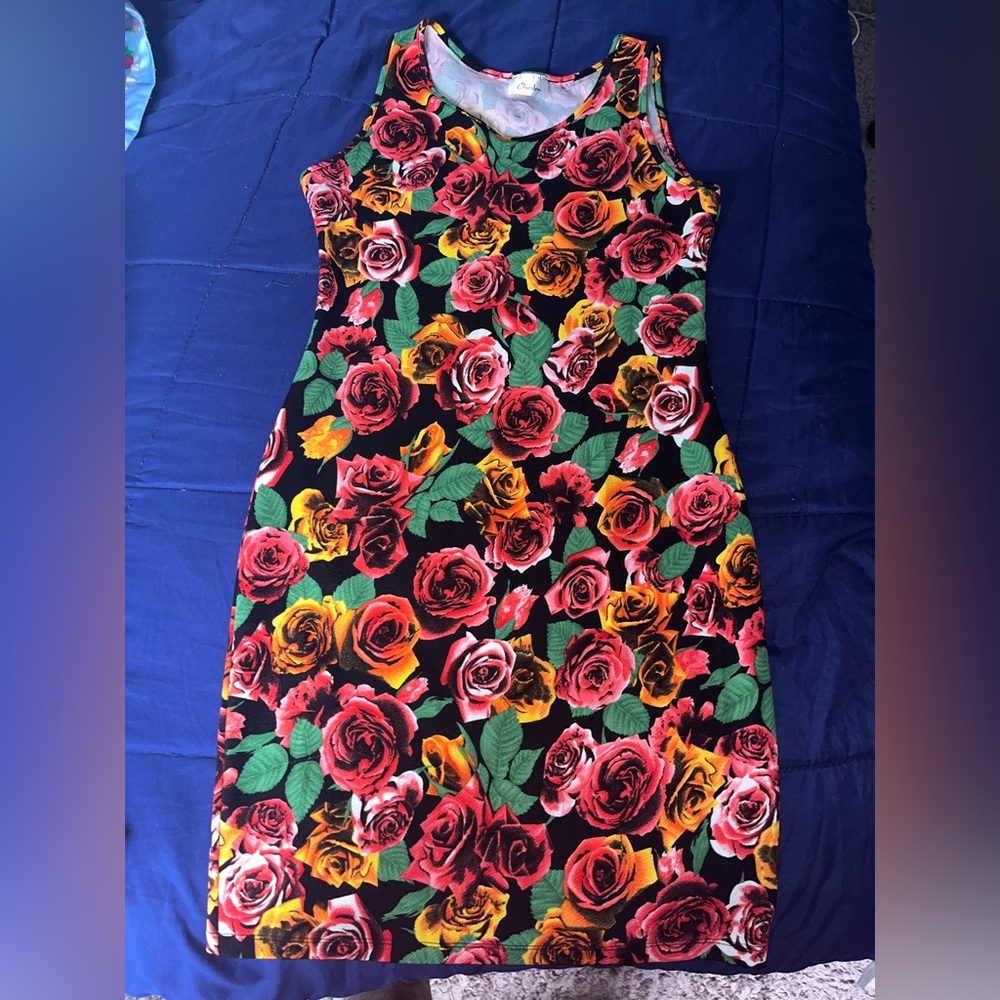 Rose floral dress with red and orange roses